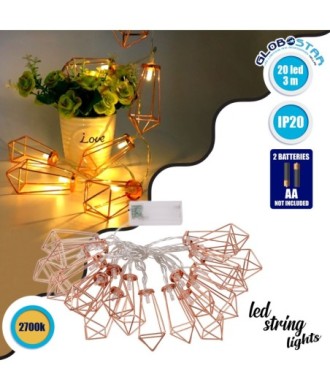 79804 Διακοσμητική Γιρλάντα Bronze Cone 3 Μέτρα με Διακόπτη On-Off - 20 LED 2W με Μπαταρίες 2xAA & Διάφανο Καλώδιο IP20 Θερμό Λευκό 2700K Μ3m